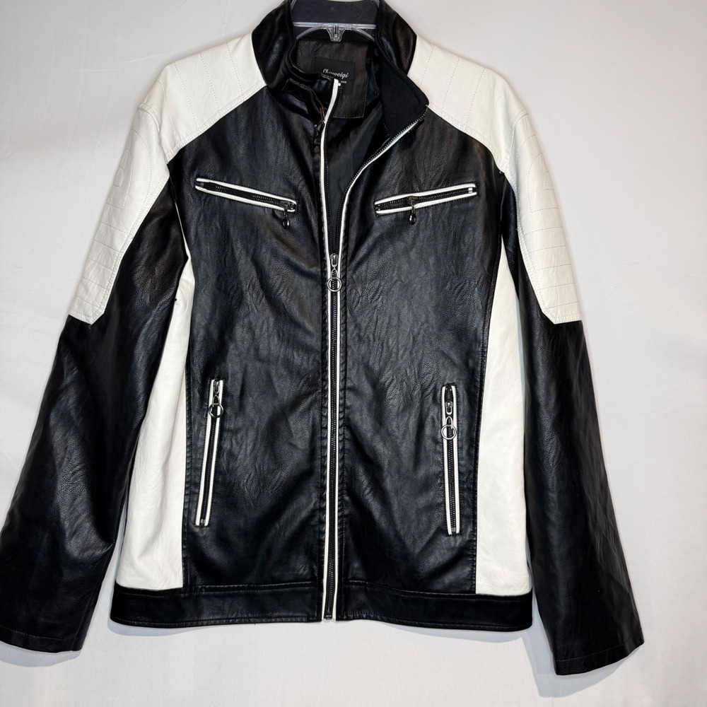 Shaweiqi Faux Leather Moto Jacket Black White Colorblock Racer 2XL